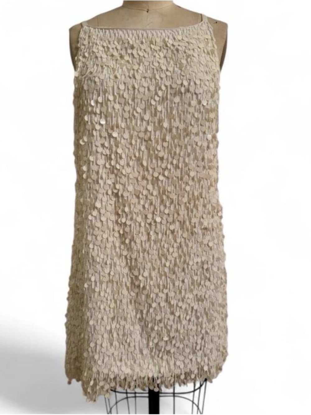 White ivory beaded fringe sequined Pailette heavy Jenni Kayne dress sz M